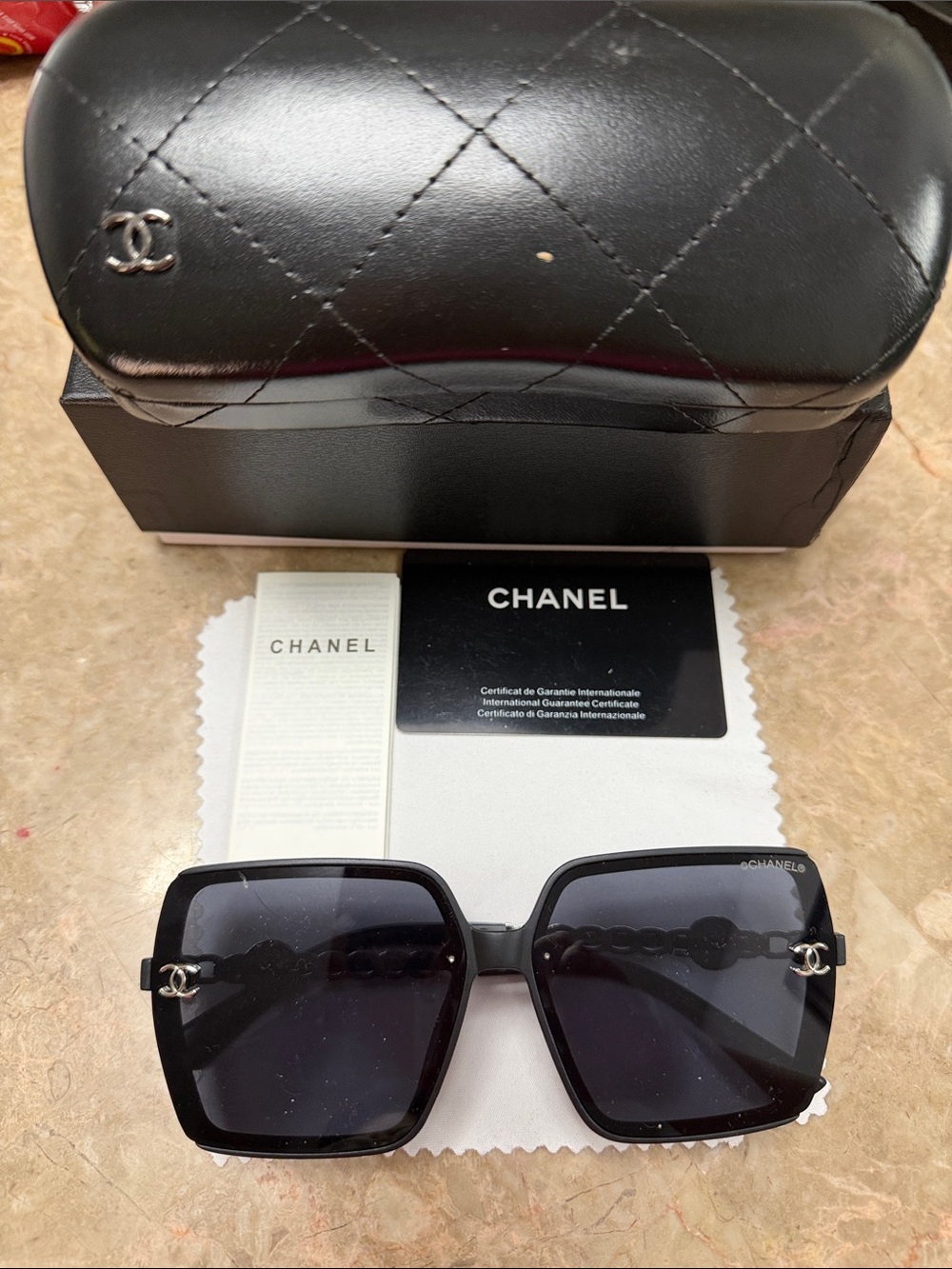 Black Square Oversized Sunglasses with Silver CC Accents